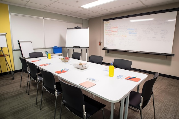 Foto sala de reuniões bem equipada com flip charts e marcadores para sessões de brainstorming criadas