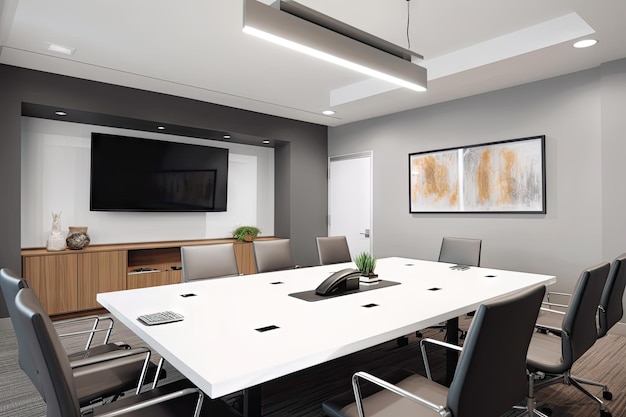 Sala de reuniões corporativa moderna com móveis elegantes, TV de tela plana e projetor