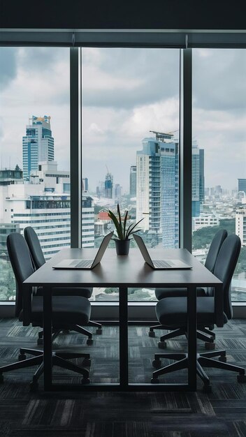 Sala de reuniões e local de trabalho com notebook, portátil, mesa de trabalho confortável em janelas de escritório e bangko