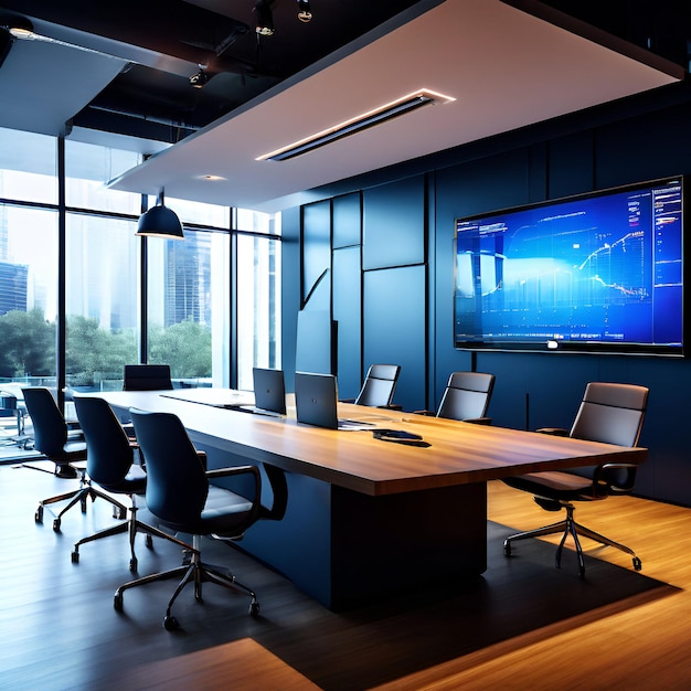 Foto sala de reuniões para funcionários com um vidro e grande lcd para tecnologia da informação ai imagem gerada