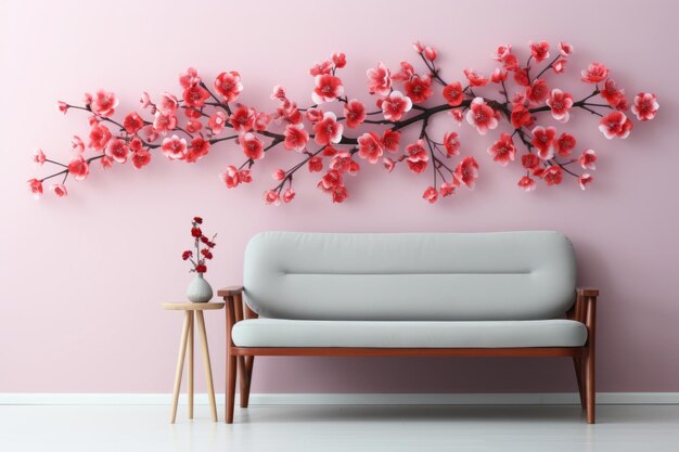 Sala de rosas com sofá branco e flores