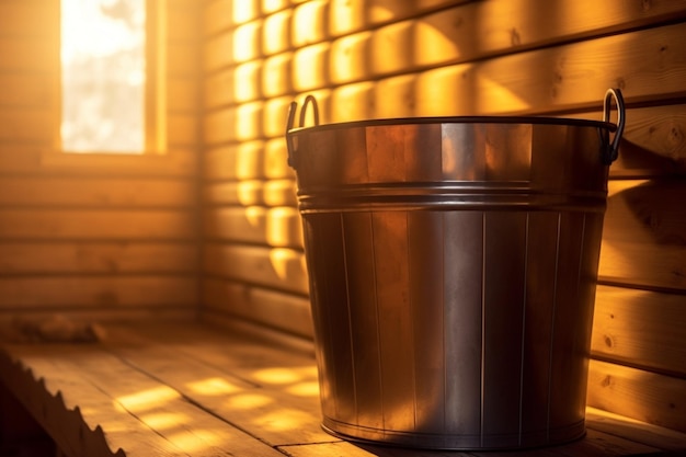 Sala de sauna de madeira vazia com balde pronto para ser usado IA generativa