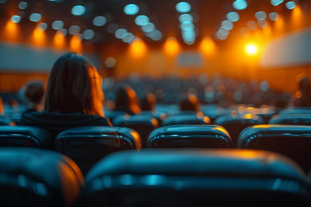 Foto sala de seminário desfocada com pessoa focada em reunião de negócios em primeiro plano