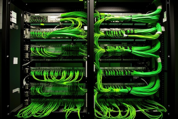 Sala de servidores com cabos e fios de internet de comutação Equipamento de fibra óptica no centro de dados Fonte de rede