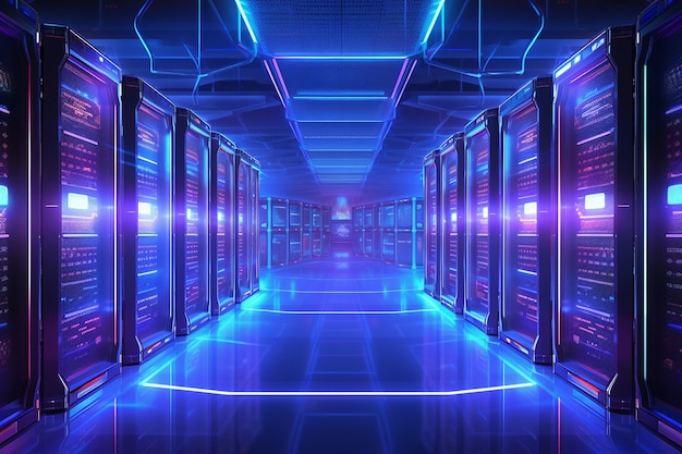 Sala de servidores com foco especial em dispositivos de armazenamento holográficos