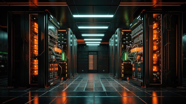 Sala de servidores de rede de alta tecnologia com luzes brilhantes