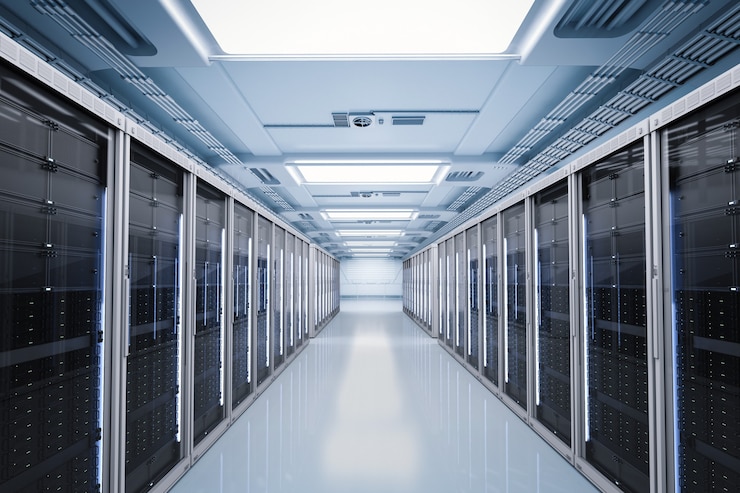 Foto sala de servidores de renderização 3d ou computadores servidores