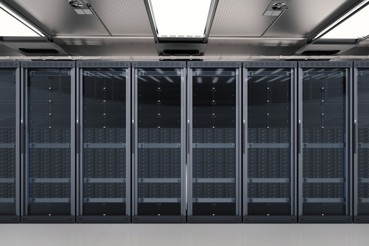 Foto sala de servidores de renderização 3d ou computadores servidores