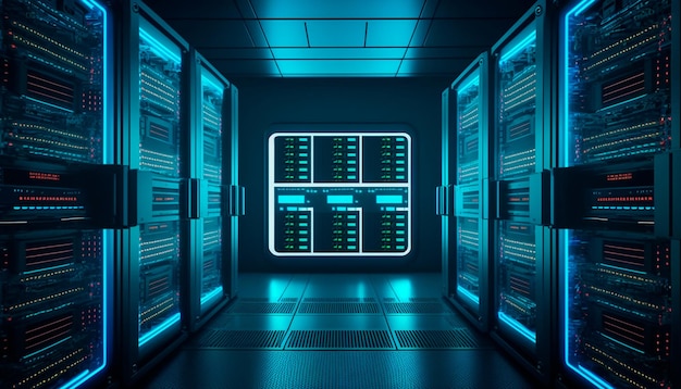 Foto sala de servidores de segurança de rede de computadores centro de dados azul claro cor fotorrealista de alta resolução