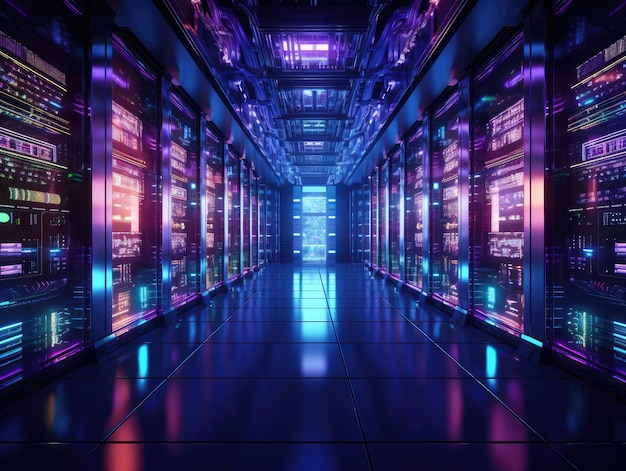 Sala de servidores futurista com luzes de néon geradas