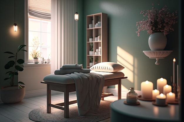 Sala de spa do salão de massagens com cama de massagem para relaxamento Generative AI