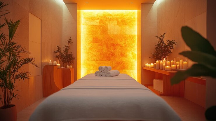 Foto sala de spa serena com velas de mesa de massagem e parede de sal