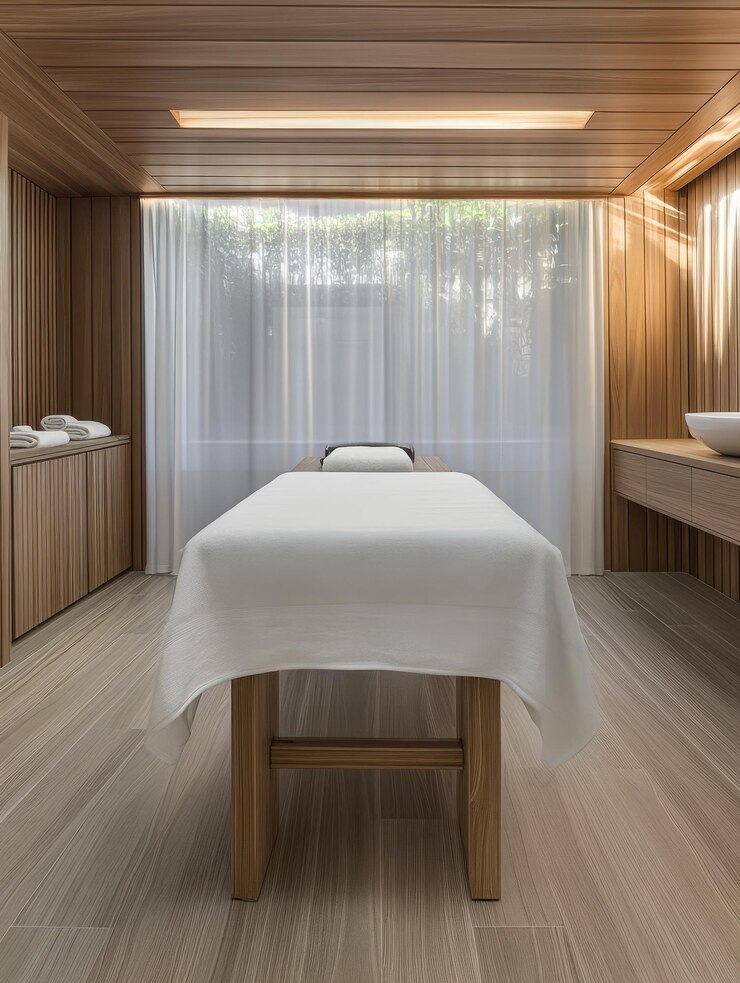 Foto sala de spa tranquila com decoração de madeira e mesa de massagem num ambiente sereno