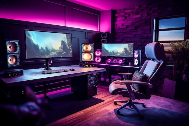 Sala de streaming com luzes roxas dois monitores