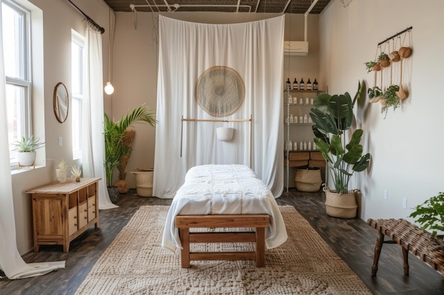 Foto sala de terapia holística ecoamigável com móveis de madeira recuperada e lençóis de fibra natural para design de bem-estar sustentável