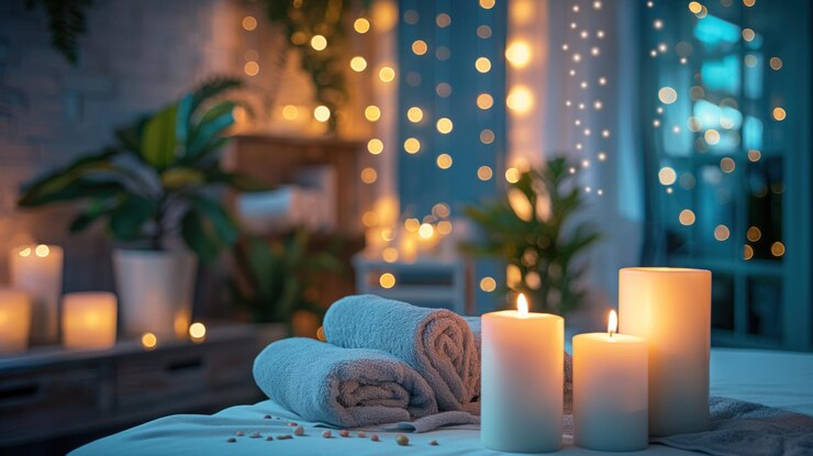 Foto sala de tratamento de spa com parede azul planta em janela de pote branco com luzes cama tem lençol azul claro duas toalhas brancas enroladas três velas acesas