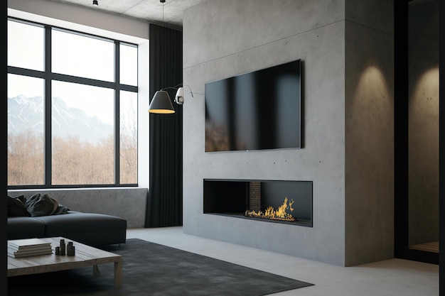 Sala de TV com janela de lareira e impacto de parede de concreto