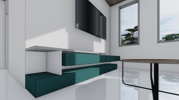 Sala de tv simulada em branco e quadro vazio mesa de fotos sofá armário interior esboço ilustração 3d