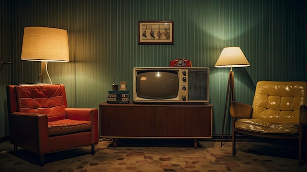 Sala de tv vintage com móveis retrô e decorações