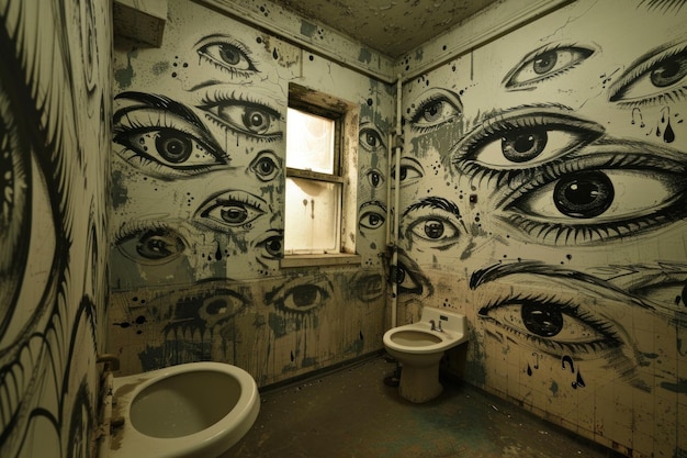 Sala de visão assombrada com olhos ilustrados