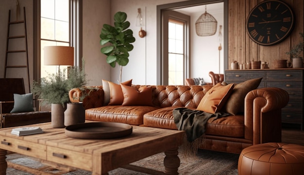 Sala doméstica com mesa elegante de sofá moderno e IA geradora de cadeira confortável