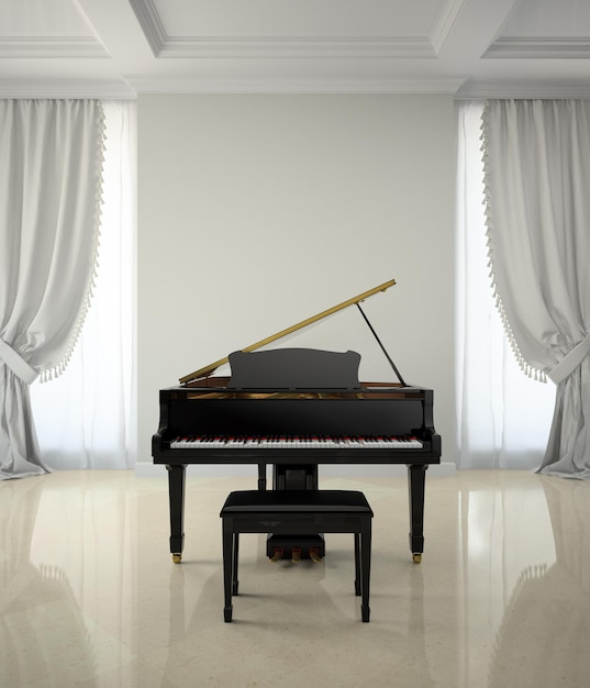 Sala em estilo clássico com renderização em 3d de piano