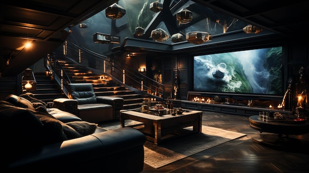 Sala de entretenimiento con cine en casa.