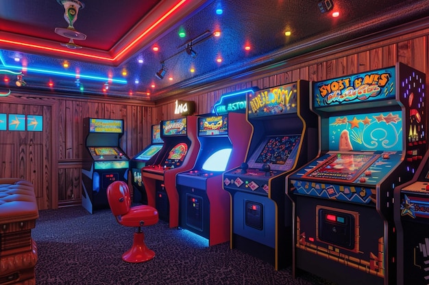 Sala de entretenimiento con temática de arcade retro