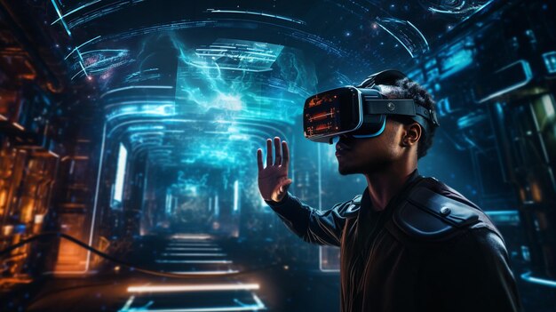 Foto sala de escape de realidad virtual con interfaces de rompecabezas entretenimiento