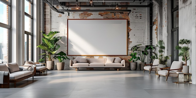 Sala escassamente mobiliada com sofás, cadeiras e um grande cartaz gerado por IA