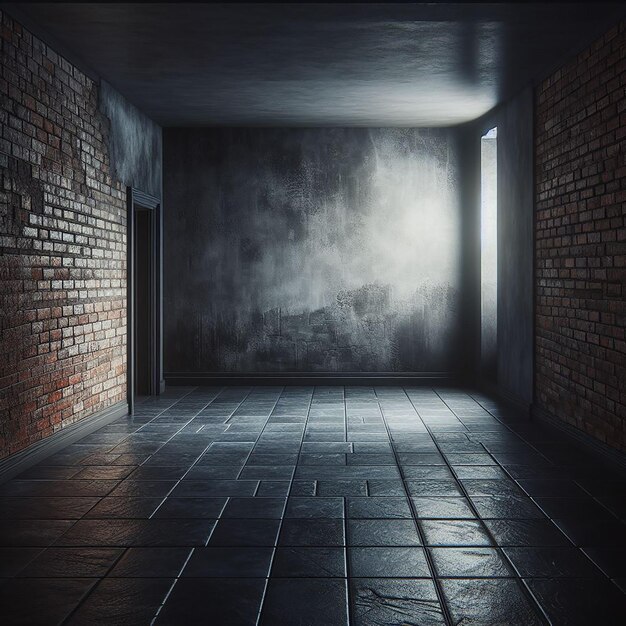 Sala escura com chão de azulejos e parede de tijolos de fundo