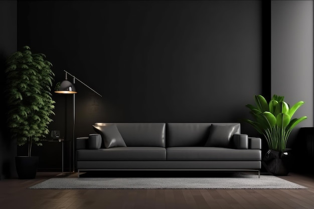 Sala escura em estilo moderno com lâmpada de sofá e planta