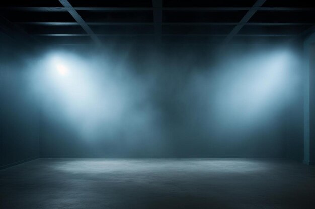 sala escura vazia abstração névoa fumaça raios de brilho parede e chão interior exibe produto