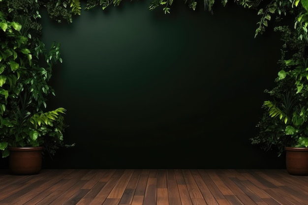 Sala escura vazia com plantas verdes na parede e chão de madeira