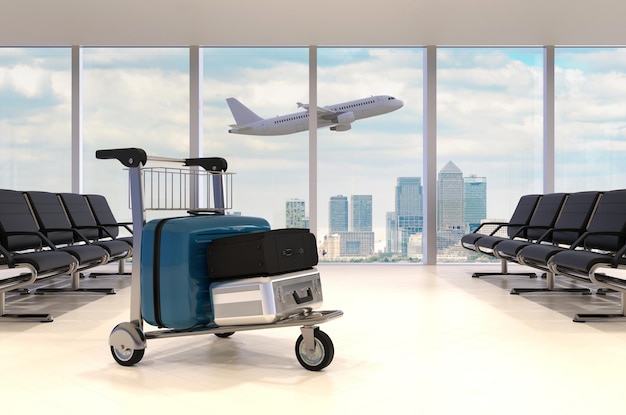 Sala de espera del aeropuerto con avión y equipaje renderizado en 3D