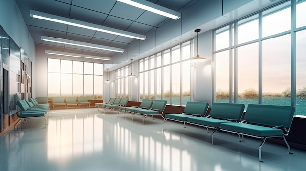 Una sala de espera en el aeropuerto con una ventana con vista a la ciudad.