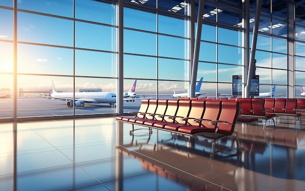 Sala de espera del aeropuerto, ventanas grandes, asientos y aeropuerto. IA generativa.