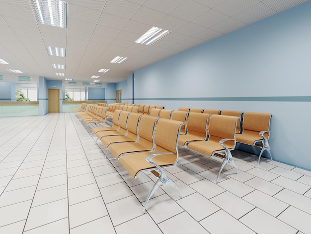 Una sala de espera en la clínica con sillas naranjas y paredes de color azul claro y suelos blancos de renderizado 3d