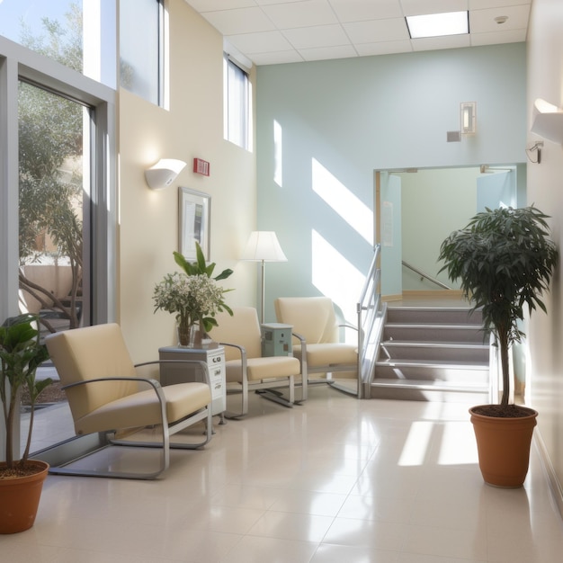 Una sala de espera moderna y luminosa con sillas cómodas y plantas
