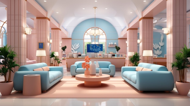 Una sala de espera retro y futurista con colores pastel rosa y azul