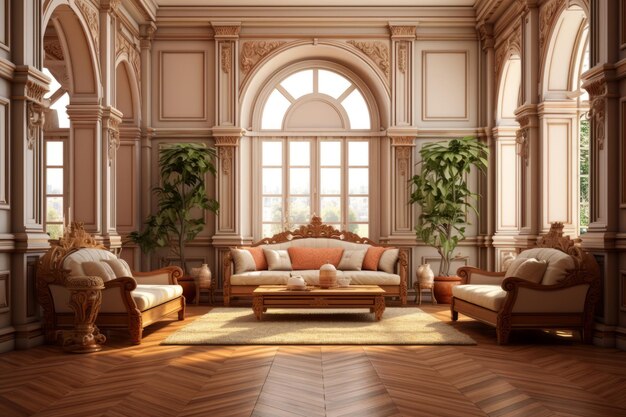Sala de estar adornada con dos sofás y plantas cerca de las ventanas