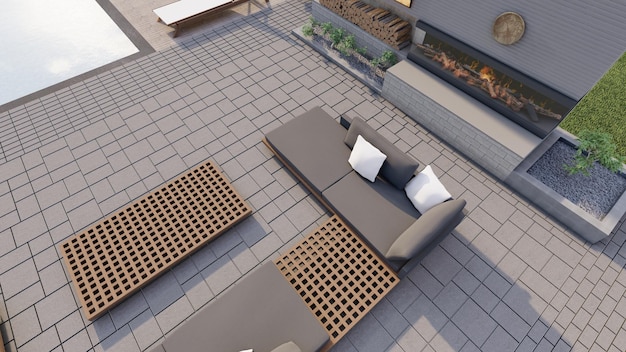 sala de estar al aire libre con chimenea ilustración 3d