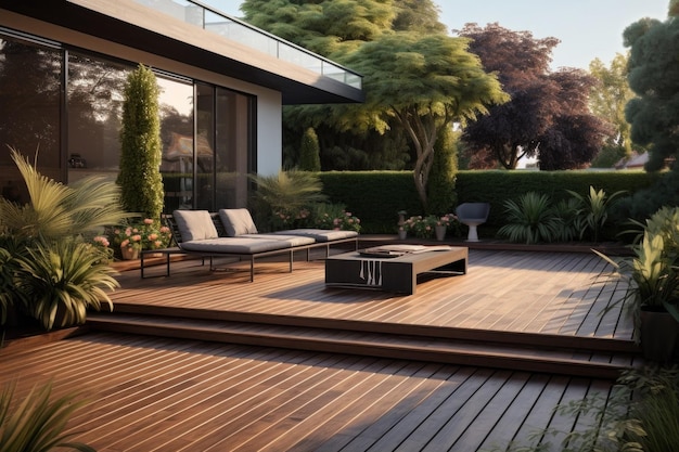 Sala de estar al aire libre con terraza de madera