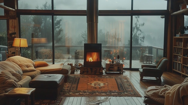 sala de estar arafada con una chimenea y una gran ventana generativa ai