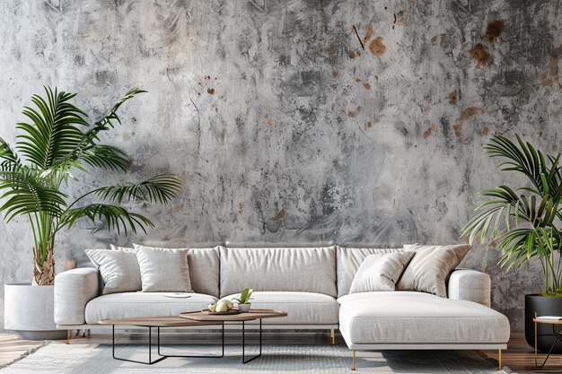 sala de estar arafed con un sofá blanco y una planta generativa ai