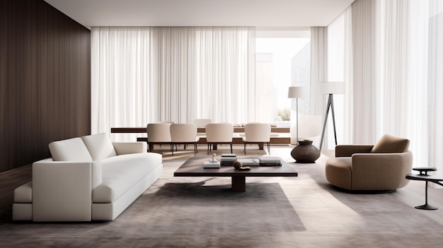 sala de estar arafed con un sofá blanco, sillas y una mesa con ai generativo