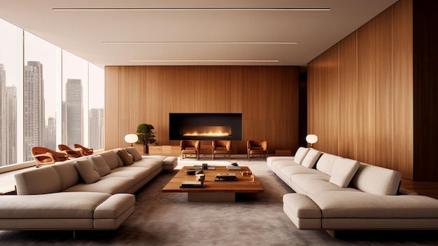 Sala de estar arafed con un sofá grande y una chimenea con aire acondicionado generativo.