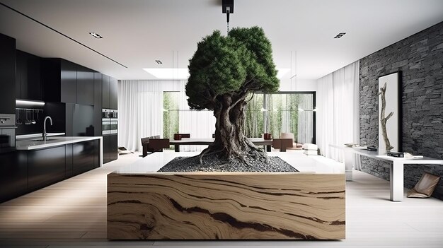 Una sala de estar con un árbol en el medio.