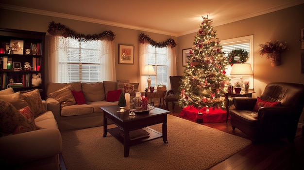 Una sala de estar con un árbol de navidad y una chimenea.