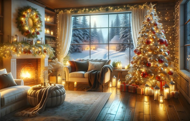 Sala de estar con árbol de Navidad y escena del país de las maravillas de invierno